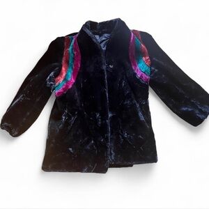 Vintage Black Faux Fur Union Made Coat with purple, green and brown stripes